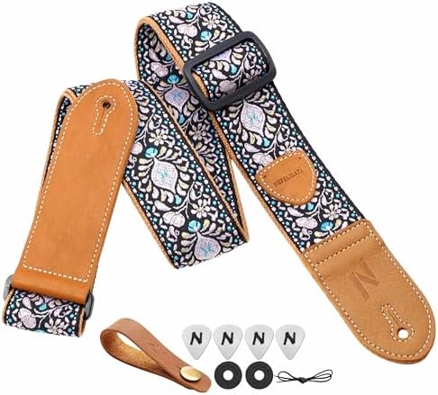 Nefelibata Guitar Strap,Double leather ends,Vintage Woven W/FREE BONUS-4 Picks+Strap Locks+Strap Button,Best Gift For Bass,Electric&Acoustic Guitars for Guitar(Vintage pink yellow embroidery)