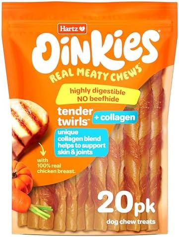 Hartz Oinkies Twirls + Collagen to Support Skin & Joints, Made with Real Chicken Breast, Highly Disgestible Dog Chews, 20 Count