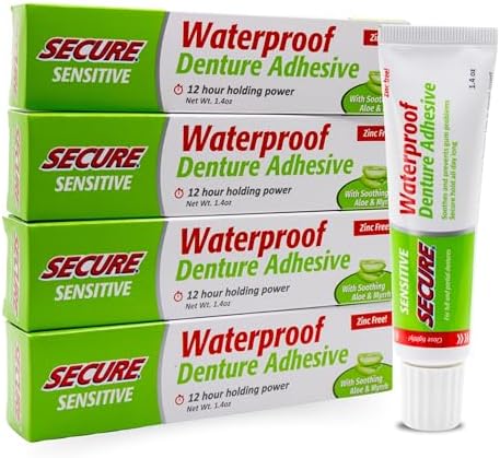 Secure Sensitive Gums Waterproof Denture Adhesive Zinc Free with Aloe Vera & Myrrh - Extra Strong 12 Hour Hold - 1.4 oz (Pack of 4)