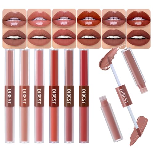 Matte Liquid Lipstick Set, 6 Colors 2-In-1 Mirror Matte Lip Glosses Kit,Velvet Lip Glaze Black Lipstick for Women,Long Lasting Shinny Lip Stain,Nude Lip Makeup Smudge Proof for Party Festival