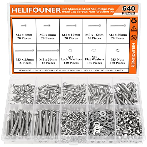 540 Pieces M3 x 6mm /8mm /12mm /16mm /20mm /25mm /30mm, Phillips Pan Head Machine Screws, Metric Screws Bolts Washers Nuts Kit, 304 Stainless Steel