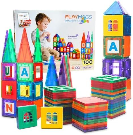 Playmags 100-Piece Magnetic Tiles Building Blocks Set, 3D Magnet Tiles for Kids Boys Girls, Educational STEM Toys for Toddlers…