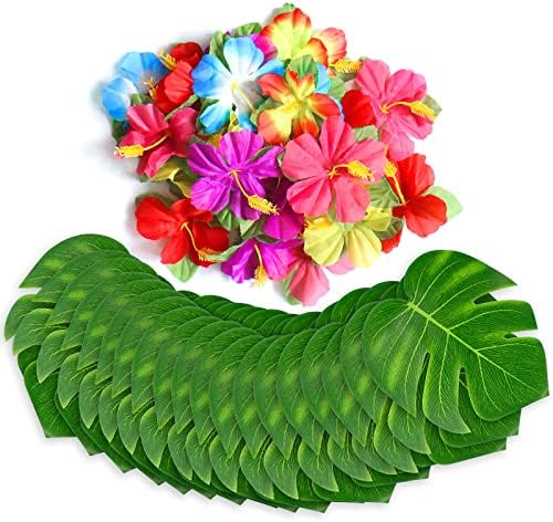 60Pcs Tropical Party Decorations Supplies Tropical Palm Leaves Hibiscus Flowers Simulation Artificial Leaf for Hawaiian Luau Safari Party Jungle Beach Theme BBQ Birthday Table Decor