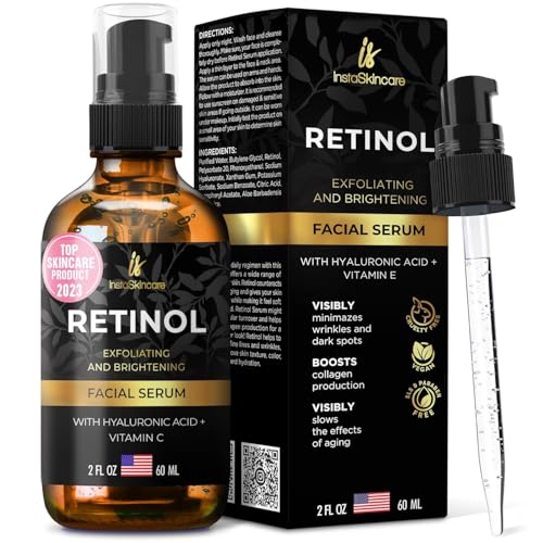 DOUBLE SIZED (2Oz) Retinol Serum for Face with Hyaluronic Acid + Vitamin E and A + Aloe Vera Anti-Aging Serum Pore Tightener Fade Dark Spots Clinical Strength Formula