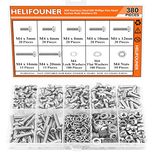 380 Pieces M4 x 5mm /6mm /8mm /10mm /12mm /16mm /20mm, Phillips Pan Head Machine Screws, Metric Screws Bolts Washers Nuts Kit, 304 Stainless Steel