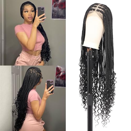 36 Inch 13X8 HD Lace Front Box Braided Wigs With Boho Curly Ends Knotless Braided Wig For Women Human Hair Blended Braids Lace Front Wig With Baby Hair Natural Black