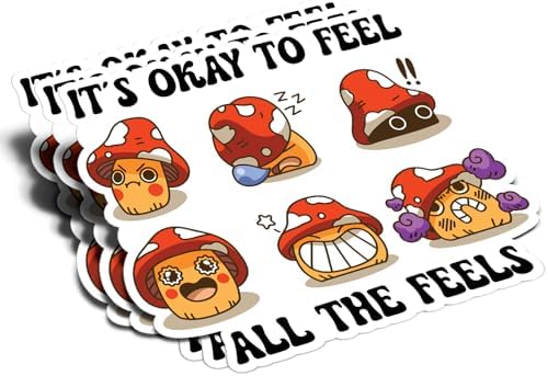 (3Pcs) It's Okay to Feel All The Feels Sticker Mental Health Positive Quote Mushroom Decal Waterproof Vinyl Sticker Adult for Laptop Kindle Car Tumbler Water Bottle Mug Notebook Helmet - Size 3”x2.6”