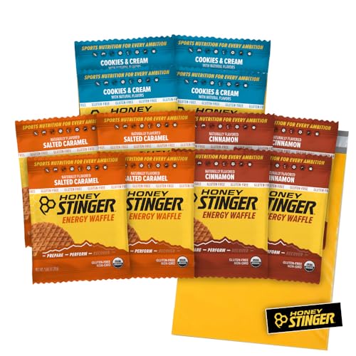 Honey Stinger Gluten Free Organic Waffles -12 Count Variety Pack With Sticker and Polybag - Energy Source - 4 Units Each of Salted Caramel, Cinnamon and Cookies & Cream