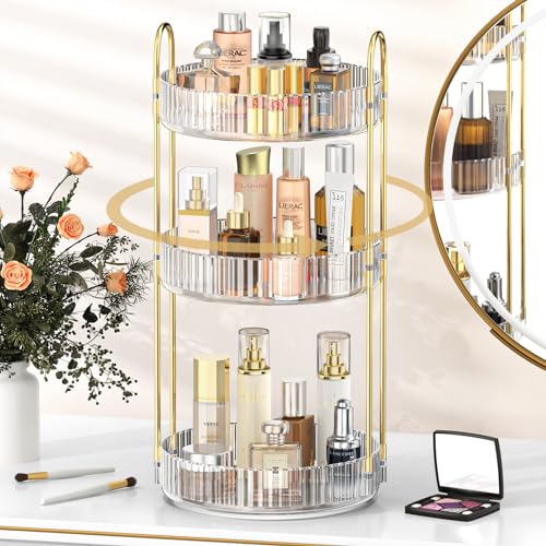 MOKANI 360 Rotating Makeup Organizer for Vanity, 3 Tier Adjustable Perfume Organizer for Dresser, Multi-Function Spinning Cosmetics Skincare Storage for Bedroom, Dresser, Countertop, Clear
