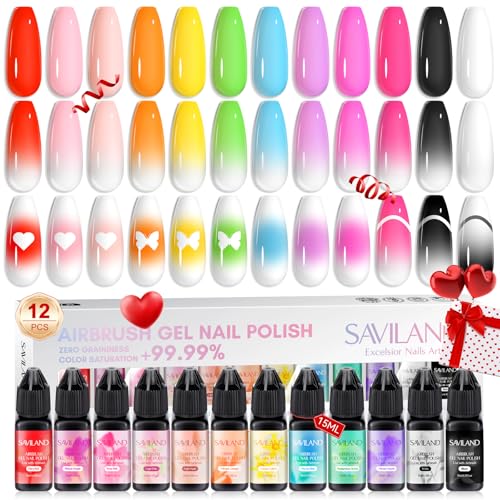 SAVILAND Airbrush Gel Nail Polish: 12 vitality Colors Set with Fine Mist Nail for Color Spray Perfect Nail Polish Nail Art Design