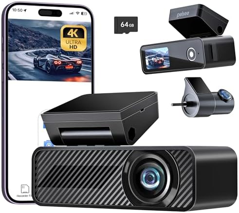 P1 Duo 4K Dash Cam Front and Rear, 64GB SD Card, 4K+1080P Dual Dash Camera for Cars, Wi-Fi & App Control, 1.5’’IPS Display Car Camera, Voice Control, Night Vision, 24H Parking Mode, G-Sensor