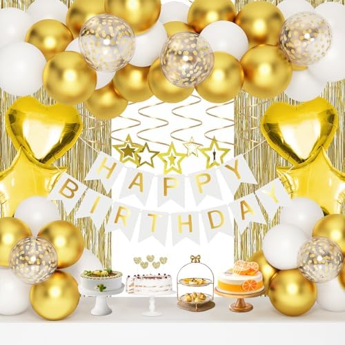 Gold Birthday Decorations, White and Gold Balloons Party Decorations Set with Happy Birthday Banner Fringe Curtain Birthday Party Decoration for Kids Women Men Girls Golden Birthday Party Supplies