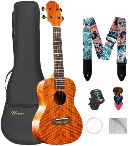 Concert Ukulele, KOA Acacia Wood 23 inch Adults kids Professional Ukelele for Beginners, Hawaiian Ukele Kit with Carbon String, Tuner, Gig Bag, Strap, Guitar Picks, Cleaning Cloth, Folk Style