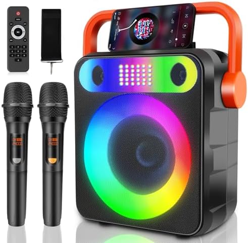 Karaoke Machine with Two Wireless Microphones, Portable Bluetooth Speaker with Strobe Lights, Karaoke Machine for Adults & Kids, Karaoke Speaker Supports TF Card/USB, AUX in, FM, REC,TWS