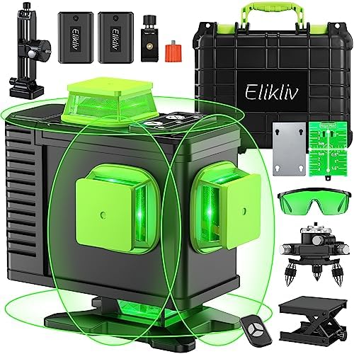 Laser Level Self-Leveling Green Laser Leveler Tool Elikliv 16 Line 4D Four-Plane Leveling and Alignment Line Laser Level, 360° Vertical and Horizontal Line with Hard Carry Case Laser Kit