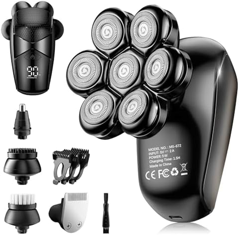 Detachable Head Shavers, SHPAVVER 5 in 1 Electric Razor IPX7 Waterproof for Bald Men, Wet Dry LED Display Rechargeable 7D Rotary Shaver Grooming Kit with Type C Charge A