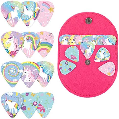 24 Pieces Unicorn Guitar Picks for Kids Girls, Unicorn Medium Celluloid Guitar Picks with 1 Holder Case for Bass Music Instruments, Girls Child Teen Daughter Gift
