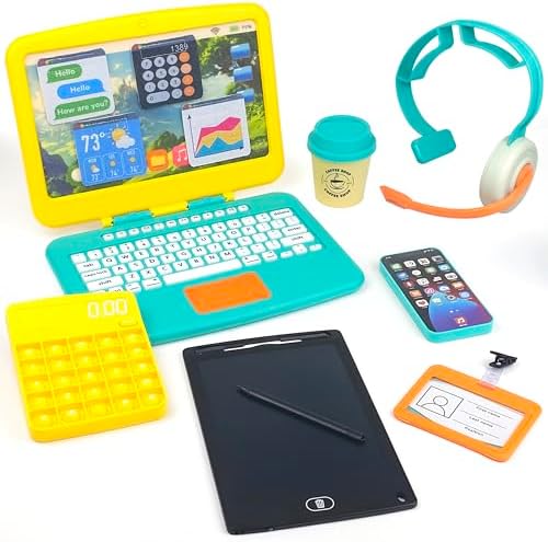 Pretend Play Home Office Set for Kids Ages 3-5-7 | Features Toy Laptop Computer, LCD Writing Tablet, Pop Fidget Calculator, Cell Phone, Headset & Toddlers Beverage Cup