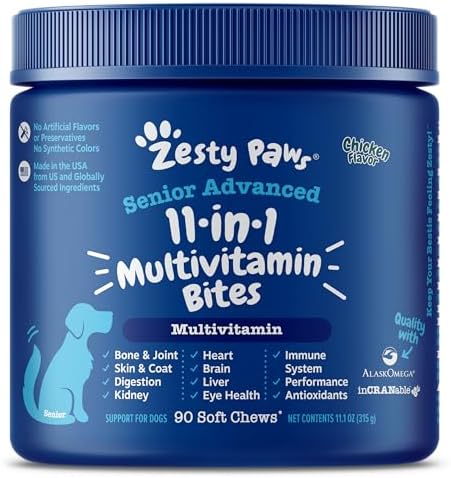 Zesty Paws Senior Dog Multivitamin Treats - Glucosamine for Dogs + Digestive Enzymes & Probiotics - Grain Free Dog Vitamins for Skin & Coat + Immune Health Chicken - Advanced - 90ct