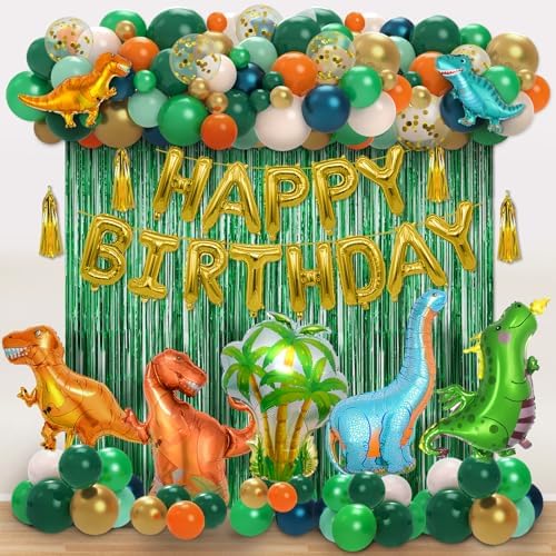 Dinosaur Birthday Decorations, 113pcs Dinosaur Party Decorations Include Dinosaur Balloons, Happy Birthday Balloons, Curtains for Dinosaur Themed Party Baby Shower Decorations Supplies Boys Kids