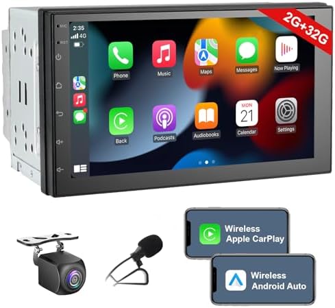 7In Double Din Car Stereo Wireless CarPlay Wireless Android Auto, Android 2+32G Touchscreen Car Radio Head Unit with Bluetooth, DSP, WiFi,Rearview Backup Camera