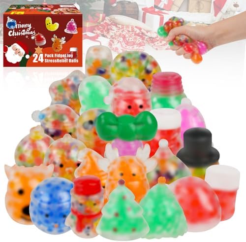24Packs Valentine's Day Heart Stress Balls with Cards,Squishy Squeeze Balls Bulk Fidget Toys for Adults,Stress Relief Balls,Valentine's Day Gifts Party Favors,Classroom Exchange (Christmas)