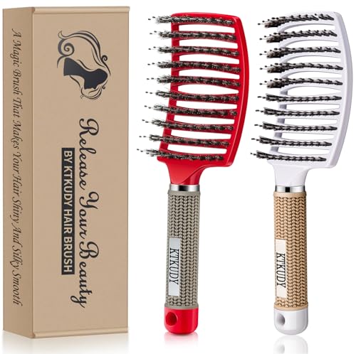 Detangling Brush Boar Bristles Set KTKUDY Hair Brush Curved and Vented Detangler Brush for Women Men Kids Wet and Dry Hair (Red&White)