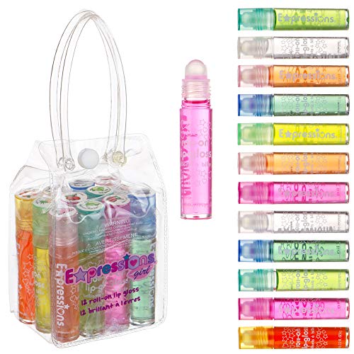 Expressions 12pc Roll On Lip Gloss Set with Carrying Case, Glossy Lip Make-up for Kids and Teens - Fruity Flavors, Non Toxic, Kid Friendly, Party Gift, Best Friends