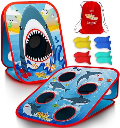 SWOOC Games – Shark Frenzy™ | 2-in-1 Bean Bag Toss Game for Kids | 5-Second Setup Toddler Party Games for Kids 3-5 | Toddler Outdoor Games for Kids 3-6 | Shark Toys for Boys | Kids Cornhole Game Set