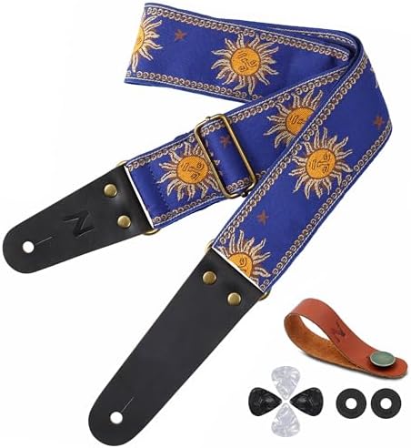 Nefelibata Guitar Strap, Sun Embroidered Cotton Guitar Strap with Head Cowhide Leather Ends for Bass, Electric and Acoustic Guitars, Free Strap Button, 1 Pair of Strap Locks and 4 Guitar Picks