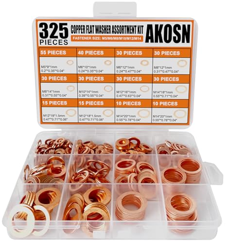 325 PCS, 10 Sizes, Premium Copper Metric Sealing Crush Washers Assortment Kit, Upgraded Flat Ring Oil Drain Plug Crush Washer Gasket Seal Assortment Set, Banjo Bolt Washer for Automotive, Motorcycles