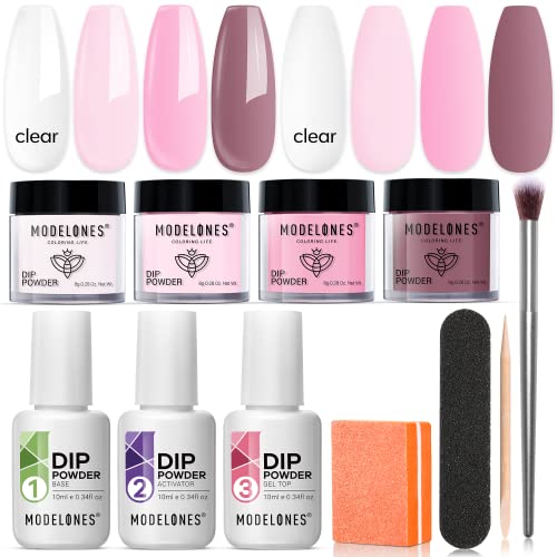 Modelones 11 Pcs Dip Powder Nail Kit Starter, 4 Colors Clear Nude Pink Summer Dipping Powder System Essential Liquid Set with Base&Top Coat Activator for French Nail Art Manicure DIY Salon Kit