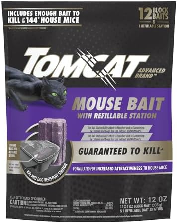 Tomcat Advanced Brand Mouse Bait with Refillable Station, Indoor and Outdoor Use, 1 Station and 12 Poison Block Refills