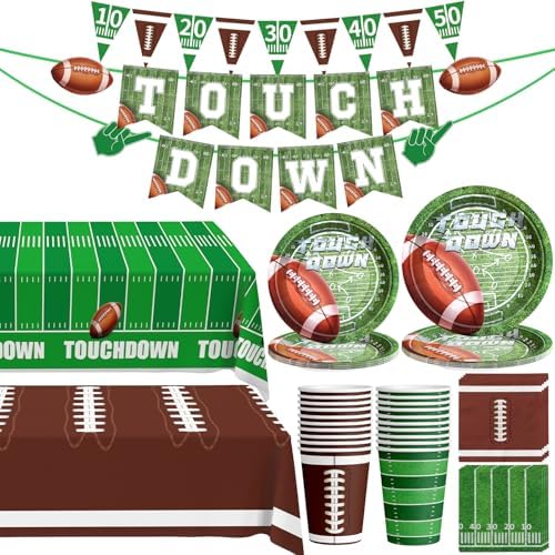 Football Party Decorations, 100 Pcs Football Party Supplies Serve 24, Touch Down Banner, Plates, Tablecloth, Cup and Napkins for Football Birthday Party Football Game Day Tailgate Party Decorations
