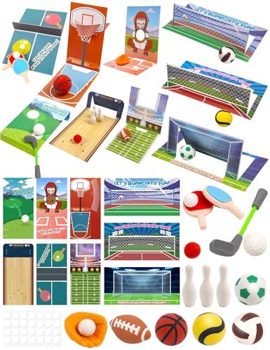 27 Pcs Valentines Day Cards for Kids with Sports Ball Erasers, 9 Design Valentine Sports Game Cards and Erasers for Kids Party Favor, Classroom Exchange Prizes, Valentines Cards for Kids School