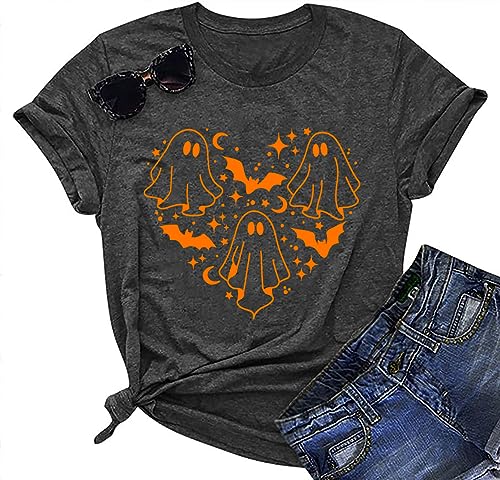 Halloween Shirt Women Spooky Season Shirts Cute Ghost Tshirt Halloween Graphic Tees Fall Short Sleeve Tops (Darkgrey, Large)