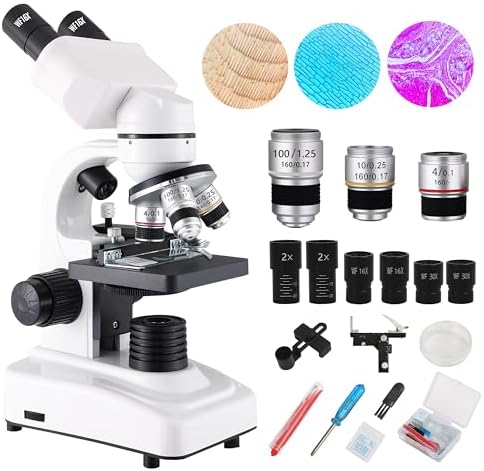 Binocular Microscope for Adults Kids Students, 64X-6000X Microscopes, 3 Objective Lens, Metal-Body Dual LED Illumination, Biological Compound Microscope Kit for School Lab, Homeschool
