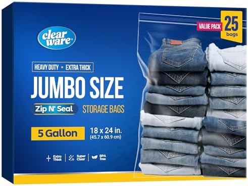 25 Large Plastic Bags With Zipper Top - 5 Gallon Bags 18" x 24", Extra Large Storage Bags for Clothes, Travel, Moving, Large Reusable freezer bags, BPA-Free, 2-mil Thick Clear Plastic Bags