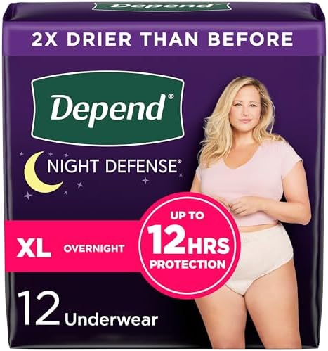 Depend Night Defense Adult Incontinence & Postpartum Bladder Leak Underwear for Women, Disposable, Overnight, Extra-Large, Blush, 12 Count, Packaging May Vary