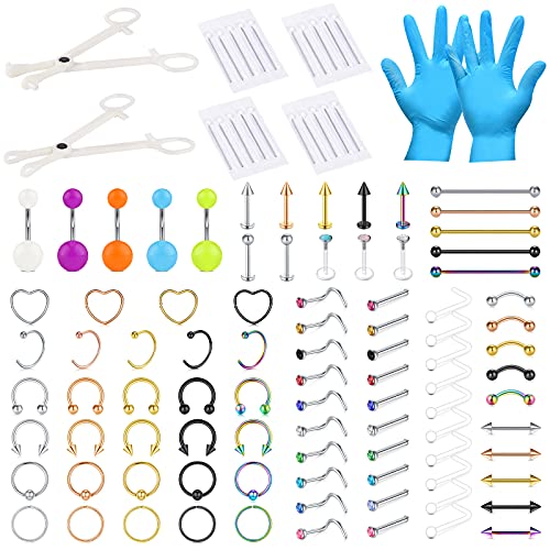 JIESIBAO 113PCS Mixed-Color Piercing Kit,Piercing Kits for All Piercings Stainless Steel 14G 16G 18G 20G Nose Septum Cartilage Tragus Earrings Belly Nipple Tongue Smiley Lip Ring