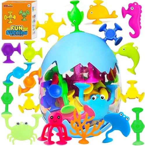 Bath Toys for Kids, 32 PCS Suction Cup Bath Toys Silicone Ocean Animal Bath Tub Toys for Kids Ages 4-8 Window Building Bath Suction Toys Toddlers Age 3-5 Bath Time Gifts for 3 4 5 6 Year Old Boys Girl