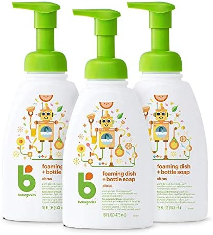 Babyganics Foaming Dish & Bottle Soap, Pump Bottle, Fragrance Free, Plant-Derived Cleaning Power, Removes Dried Milk, 16 Fl Oz, (Pack of 3), Packaging May Vary