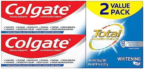 Colgate Total Whitening Toothpaste with Stannous Fluoride and Zinc, Sensitivity Relief and Cavity Protection Mint, 4.8 Oz (Pack of 2)
