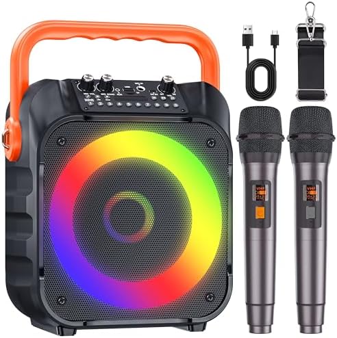 Karaoke Machine with Two Wireless Microphones, Portable Karaoke Machine for Adults & Kids, Portable Bluetooth Speaker with PA System, LED Lights, Supports TF Card/USB, AUX in, FM, USB,TWS (Orang)