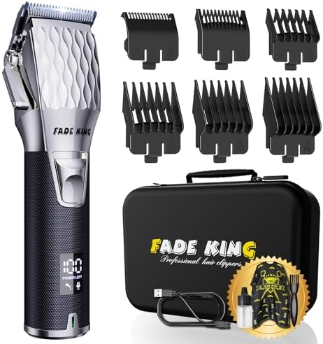 FADEKING® Professional Hair Clippers for Men - Cordless Hair Clippers, LCD Display Barber Clippers for Hair Cutting & Mens Grooming with Travel Case(Silver+Black)