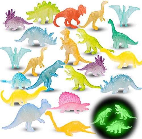 48Pcs Glow in Dark Mini Dinosaur Figures Birthday Party Favors Supplies Dino Cupcake Toppers Goodie Bags Stuffers Pinata Filler Classroom Prizes Treasure Toy Class Valentines Day Gifts Kid Boy Girl