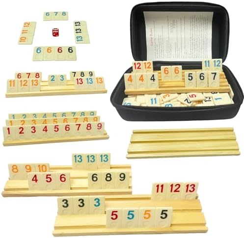 2-6 Players Rummy Game with 6 Wooden Racks, 160 Melamine Tiles, Premium Portable Case, Tile Board Games for Adults, Travel, Easter Bastket Stuffers, Easter Gifts for Men Women Dad Mom