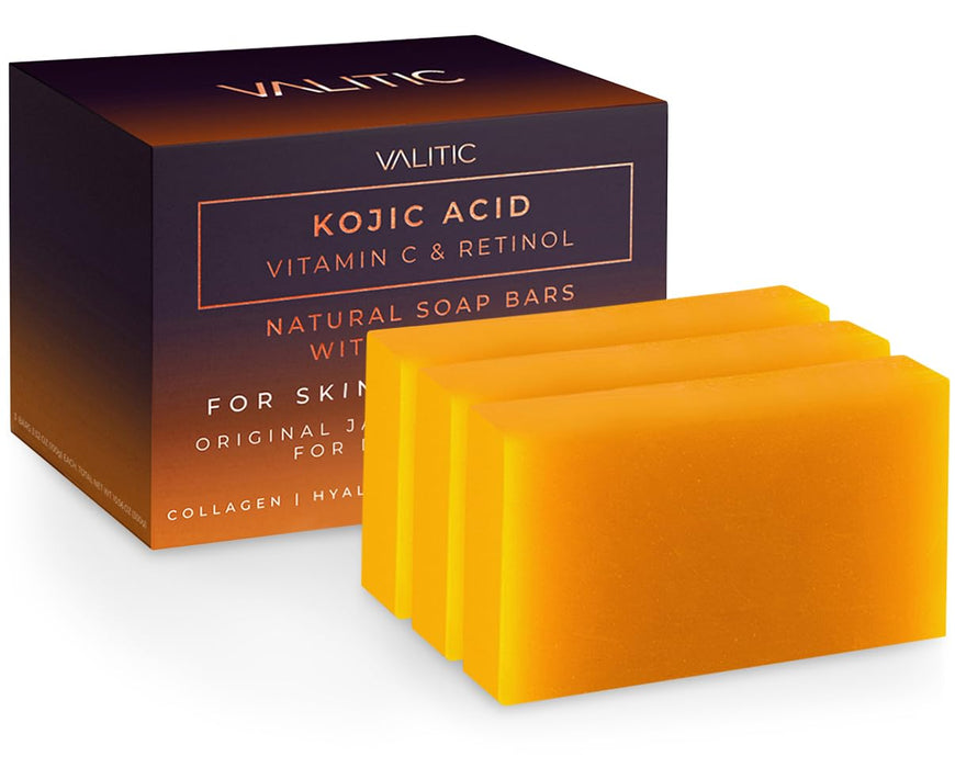 VALITIC Kojic Acid Vitamin C and Retinol Soap Bars with Turmeric for Dark Spot - Original Japanese Complex Infused with Collagen, Hyaluronic Acid, and Vitamin E (3 Pack)