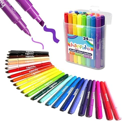 Double Sided Marker Sets for Kids Happido, Set of 24 Water Based Non Toxic Markers with Case, Great School Supplies, Art Supplies and Stationery Set
