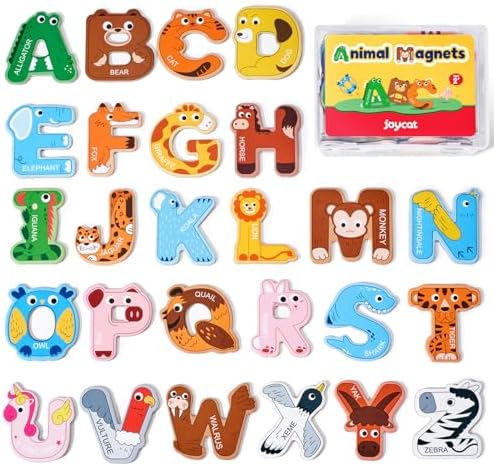 Wooden Thick Alphabet Magnets for Toddlers Fridge Large Size Cute Animal Colorful ABC Magnetic Letters 26 Uppercase Letters Educational Toy Set for Kids Toddlers Preschool Learning Spelling